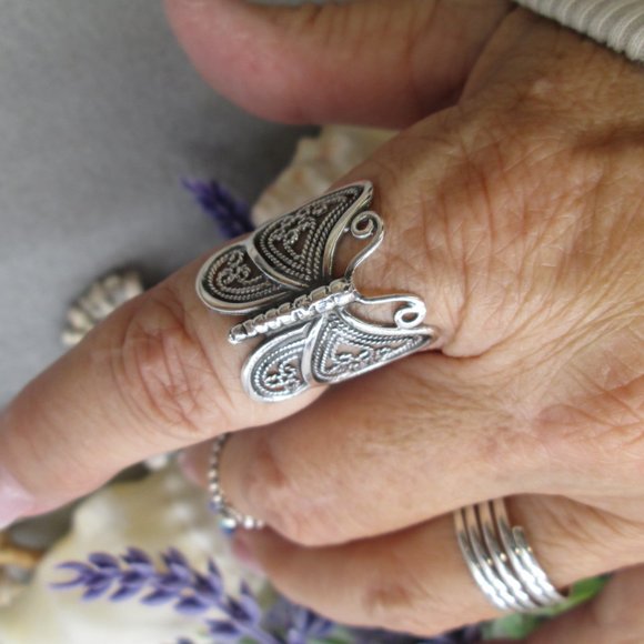 925 Sterling Silver Filigree BUTTERFLY Ring>Butterfly Wrap Around Ring,925 ring - Picture 3 of 7